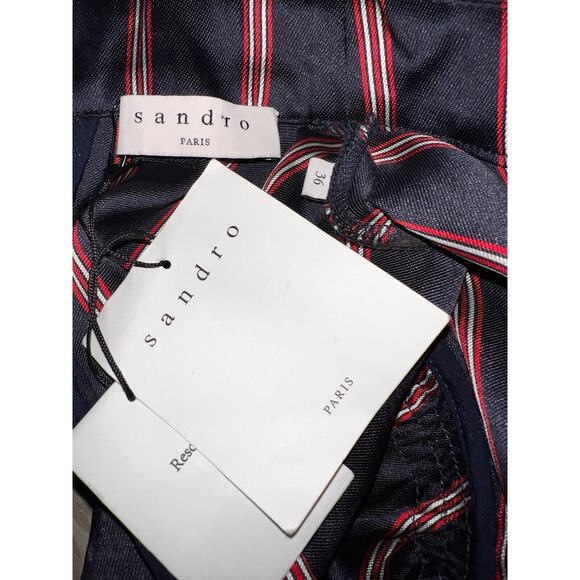 SANDRO PARIS NAVY BLUE RED WHITE STRIPED SATIN ALINE DRESS SZ 36 EU / XS / 0 NWT - Picture 4 of 5